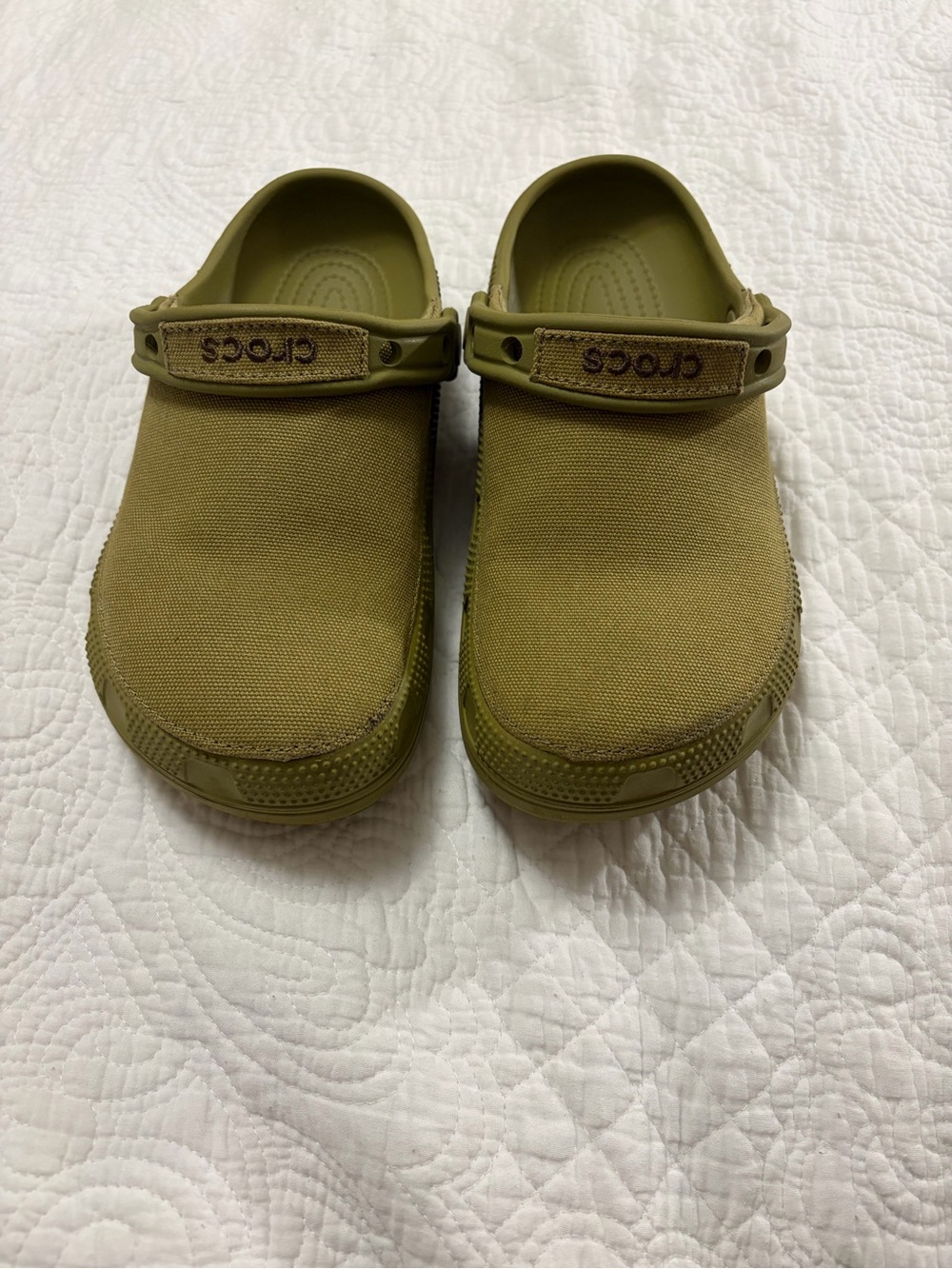CROCS Olive Green Canvas Clogs with Heel Strap